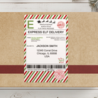 Personalized Express Elf Delivery Stickers on brown box