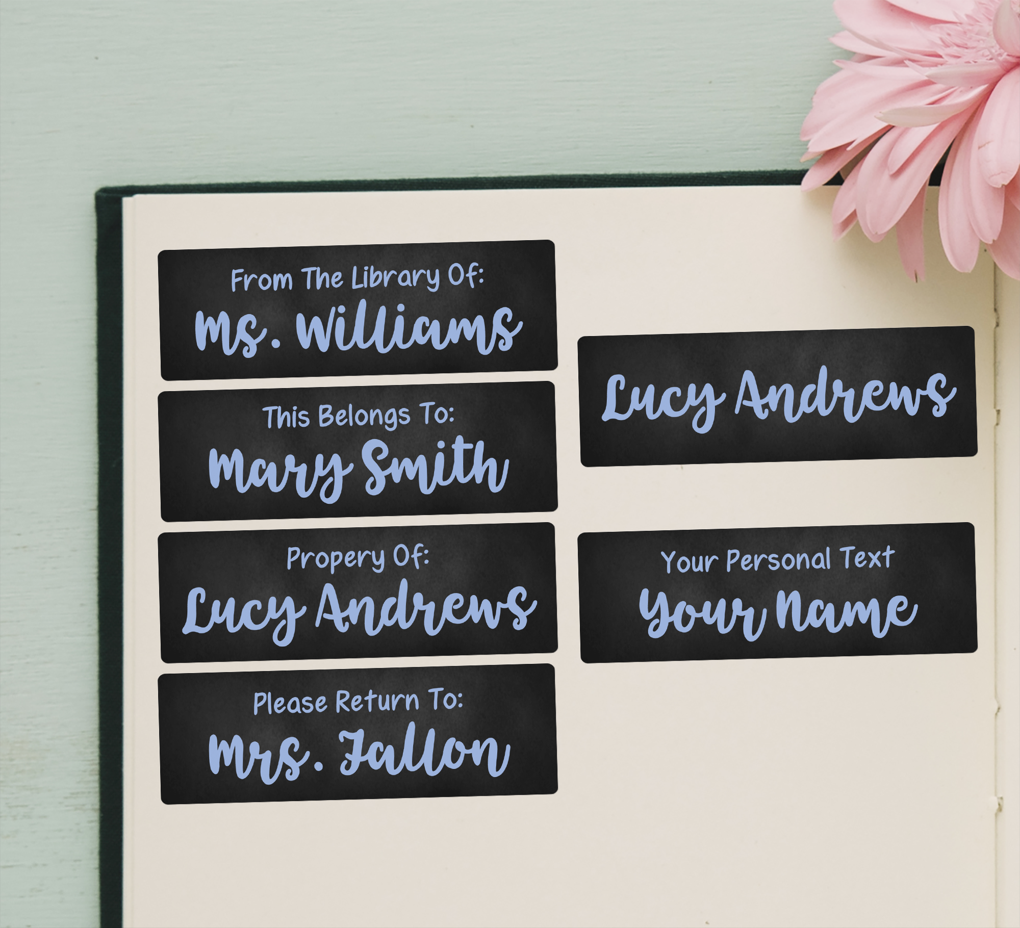 Blue Chalkboard Name Stickers - examples of each option