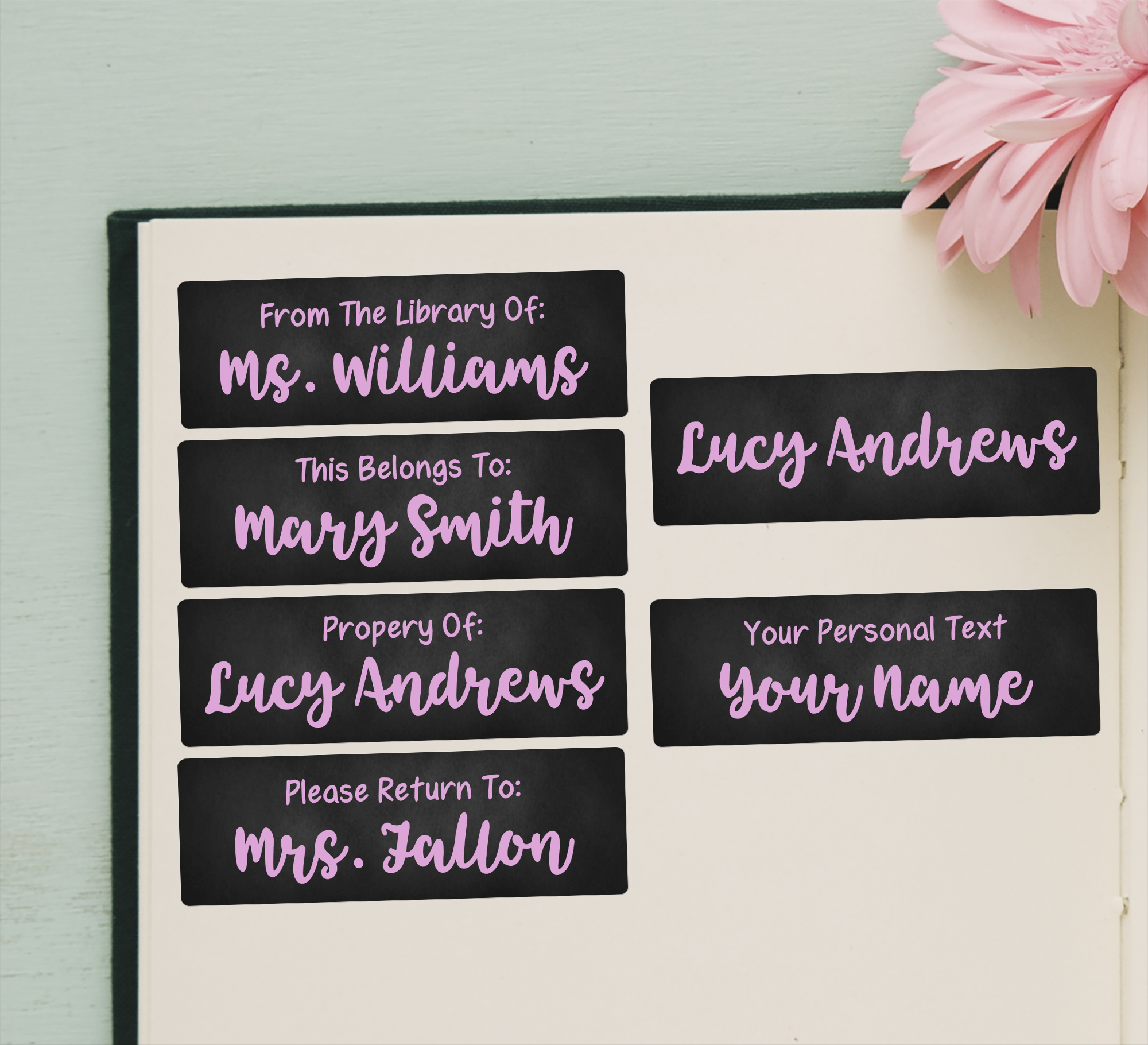Pink Chalkboard Name Stickers - examples of each option