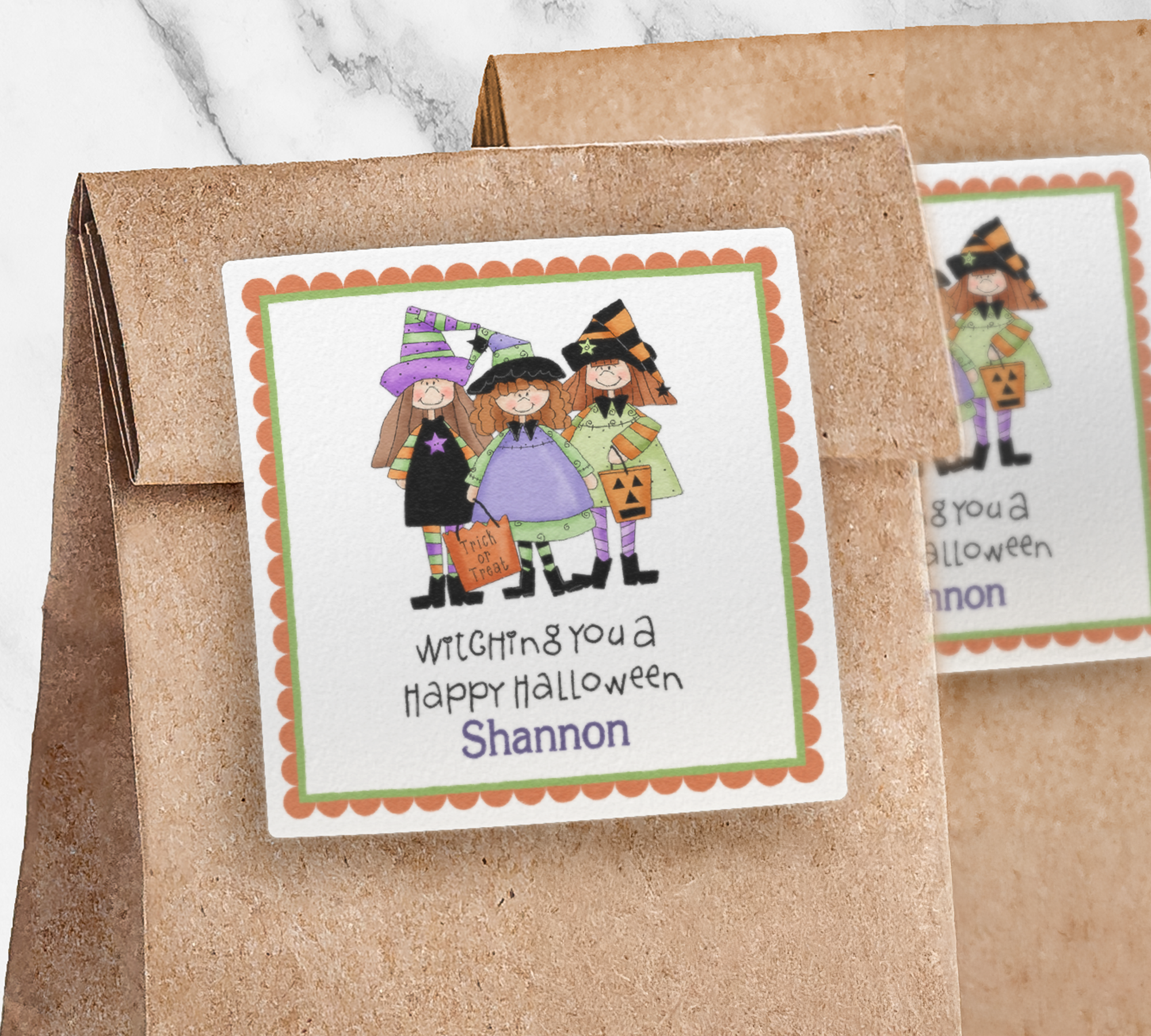 Little Witch Trio Halloween Square Sticker on brown paper bag